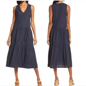 Treasure & Bond tiered cotton eyelet V-Neck midi dress navy